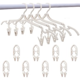 MIGABER Folding Hanger, Travel Hanger, Set of 4 with Clips, 8 Clips, Foldable, Portable, Laundry Hanger, Convenient, Lightweight, Multifunctional, Plastic, Space Saving, For Travel/Business