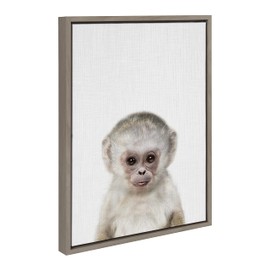 Kate and Laurel Sylvie Monkey Color Framed Canvas Wall Art by Simon Te of Tai Prints, 18x24 Gray, Simple Neutral Animal Portrait Art Wall Décor