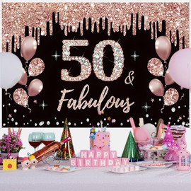 50th Birthday Decorations for Women, Party Decoration Black and Rose Gold, Fabric Sign Hanging Poster, 50th Birthday Backdrop Banner Party Welcome Sign