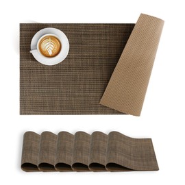 BACKTOEDEN Leakproof Placemats Set of 6, 2-Layer Waterproof placemat for No More Stains, Heat-Resistant Easy Clean Vinyl Table Place Mats for Kitchen Dining Indoor Outdoor, Dark Brown