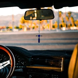 Feihuaer Cross Rearview Mirror Accessories, Christian Jesus Car Hanging Interior Ornament, Hexagonal Column Stone Car Pendant Charms for Home Decoration Keepsake Lucky Present for Men Women (Blue)