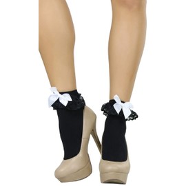 ToBeInStyle Women's Classic Bow and Ruffle Lace Socks - Black/White - OS