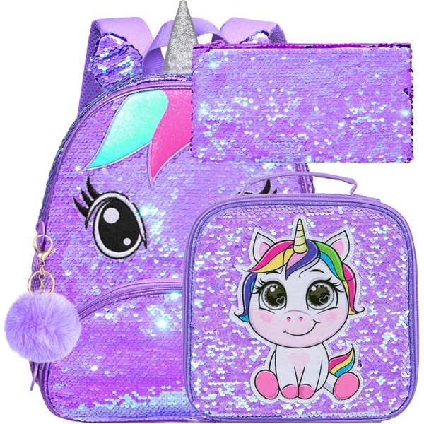 AGSDON 3PCS Toddler Backpack for Girls, 12" Unicorn Sequin Preschool
