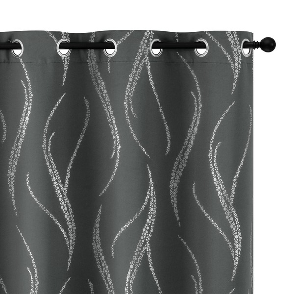 Yakamok Blackout Curtains for Livingroom 95 Inches Long, Room Darkening Curtains, Silver Wave Line Dots Print Grommet Curtains and Drapes for Living Room (52 x 95 Inch, Dark Grey, 2 Panels)