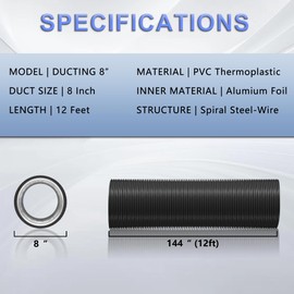 8 Inch Flexible Ducting Hose 12 Feet Black Aluminum Ducting -4 Layer Protection Dryer Vent Hose for HVAC Heating Cooling Ventilation and Exhaust, 2 Clamps Included