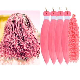 Pink Braiding Hair Pre stretched Boho Hair for Mermaid Braiding Hair Extensions Kids Short Micro Curl Boho Braids Curly Crochet Bohemian Braids Water Deep Wave Non Toxic Ez Braid Knotless