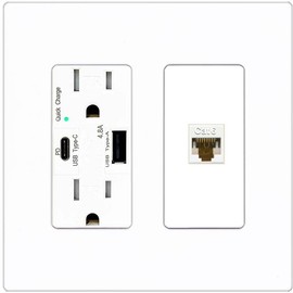 RiteAV 1 Port Cat6 Ethernet Wall Plate Female-Female - USB A+C Charger Outlet [Screwless White]