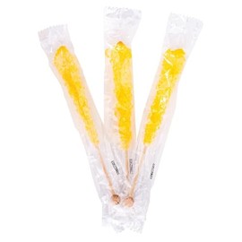 Bayside Candy Rock Candy Wrapped Sticks – Assorted and Individual Flavors – Old-Fashioned Sugar Crystal on a Stick (12ct, Yellow – Lemon)