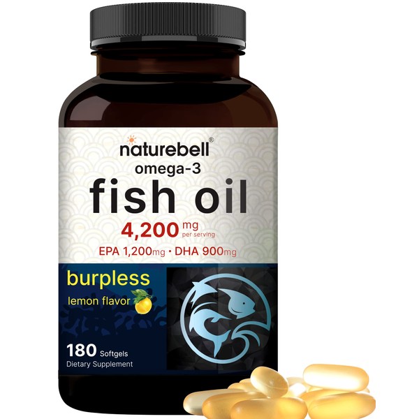 Omega 3 Fish Oil 4,200mg, 180 Burpless Softgels, Highly Purified EPA 1,200mg & DHA 900mg | Lemon Flavored | Premium Wild Caught Fish from Deep Sea – Heart & Brain Support – Mercury Free & Non-GMO