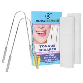 Yashika Enterprises Tongue Scraper with 2 Travel Cases, Reduce Bad Breath, 100% Stainless Steel Tongue Cleaners, Tongue Scrapers Fresher Breath in Seconds Pack of 2