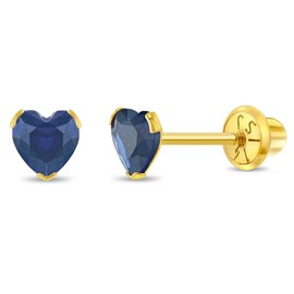 14k Yellow Gold 5mm Simulated Blue Sapphire Birthstone Screw Back Earrings - Petite Heart Cubic Zirconia Stud Earrings for Babies, Toddlers, & Young Girls - September Birthday Jewelry Gift