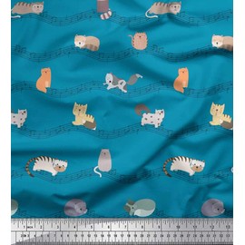 Soimoi Blue Heavy Canvas Fabric Musical Notes & Cat Animal Upholstery Fabric, Fabric for Home Accents Print Sewing Fabric BTY 58 Inch Wide
