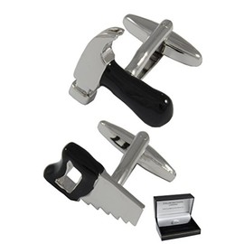 COLLAR AND CUFFS LONDON - PREMIUM Cufflinks WITH PRESENTATION GIFT BOX - Hammer and Saw - Solid Brass - Carpenters Builders DIY Architect Engineer - Silver and Black Colours