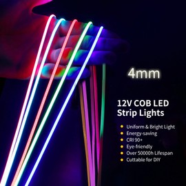 Fosingut Green COB LED Strip 5m/16.4ft,12V 4mm LED Tape Light for Bedroom,480LED/m CRI90+ Flexible Under Cabinet Kitchen Light for TV Backlight,Game Room,Wardrobe,DIY Lighting(Only COB Strip Light)