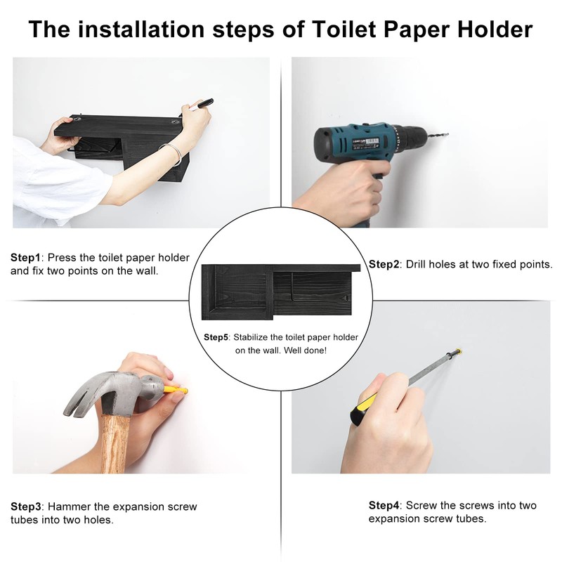 Wooden Black Toilet Paper Holder with Shelf - Wall Mount