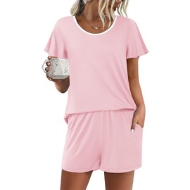 Ekouaer Womens Pajama Set Summer Ruffle Short Sleeve Pjs Sleepwear Cute 2 Piece Lounge Sets Pink Large
