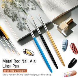 6PCS Nail Art Liner Brushes with 3 colors, UV Gel Painting Acrylic Nail Design Nylon Brush, Nail Painting Drawing Pens (7/9/11mm)