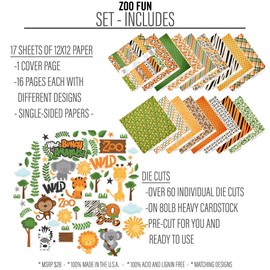 Die Cuts & Paper Set - Zoo Fun - by Miss Kate Cuttables | 16 Single - Sided 12"x12" Premium Specialty Paper Sheets & Over 60 Coordinating Die Cuts