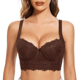 FallSweet Push Up Bras for Women Corset Top Bustier Padded Underwire Bra Add One Cup,Brown-lace,40C