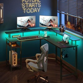 Rolanstar L Shaped Gaming Desk with LED Lights & Power Outlets, 53" Computer Desk with Full Monitor Stand & Storage Shelf, Corner Desk with Hooks, Carbon Fiber Desk Reversible