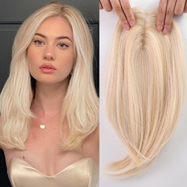 starluck 18 Inch Light Blonde & Bleach Blonde Mixed Hair Toppers for Women Synthetic Hair Toppers Hair Pieces Swiss Base with 3 Clips in Wiglet Toppers for Women with Thinning Hair Grey Hair Hair Loss