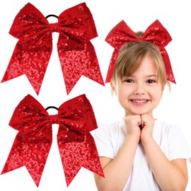 2 PCS 8" Large Cheer Bows Sequin Cheer Hair Bows Ponytail Holders Cheerleading Bows for Jumbo Cheerleading Teen Girls Sports (Red)