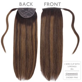 WENNALIFE Ponytail Extension, 40 cm 80 g Balayage Dark Brown to Chestnut Brown Ponytail Extension Real Hair Clip in Wrap around Remy Ponytail Real Hair