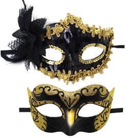 Gold Couple Masquerade Masks Set for Women and Men for Venetian Carnival Party Prop Costume Ball