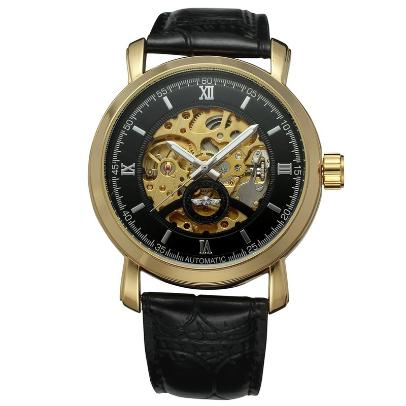 Winner Calendar Hollow Automatic Mechanical Movement Causal Men Wristwatch(Black+Gold)