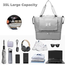 Foldable Travel Duffel Bag, Large Capacity Folding Sports Gym Bag, Lightweight Waterproof Bag Holdall Tote Carry on Hand Luggage Overnight Weekender Bag Hospital Bag for Men Women (Grey)