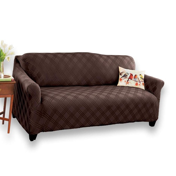 Collections Etc Double Diamond Form Fit Stretch Furniture Slipcover, Chocolate, Loveseat