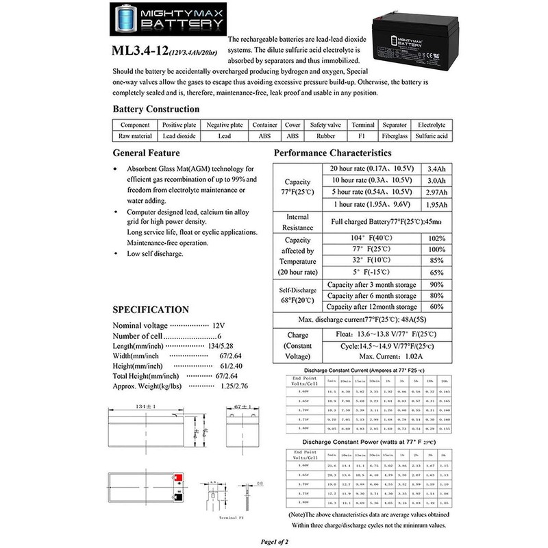 Mighty Max Battery ML3-12 12V 3.4AH SLA Battery for Emergency