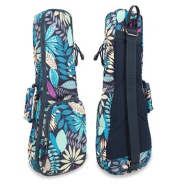 DELTAMANN 21" Soprano Ukulele Gig Bag-Summer Tropical Leaves Print Padded Ukulele Backpack - Blue Leave