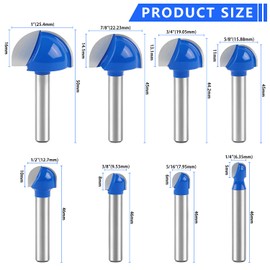 Cove Box Router Bit Set ,Newdeli 8Pcs 1/4 Inch Shank Round Nose Router Bit-1/4 5/16" 3/8" 1/2" 5/8" 3/4" 7/8" 1" Cutting Diameter, Solid Carbide Double Flute Cove Box Round Nose Woodworking Tool