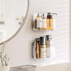 JNDETOP Shower Caddy, Adhesive Clear Acrylic Bathroom Shower Shelf Organizer, Transparent No Drilling Wall Mount Shower Storage (Clear-2 Pack Small)