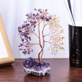 rockcloud Crystal Money Tree with Amethyst Base, Intertwined Tree of Life Decor Copper Wire Ornament for Home Office Table, Citrine & Amethyst