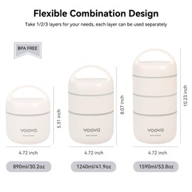 Voova Stackable Stainless Steel Thermal Lunch Box with Lunch Bag and Cultery Set for Adult Women Men, 3 Tier Leakproof All-in-One Insulated Bento Boxes Food Container for Work, Black