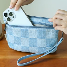 BBORGDC Stylish Women's Denim Wristlet Clutch Purse with Cell Phone Pocket - Elegant Checkered Cloth Bag, Gift Wristlet Handbag