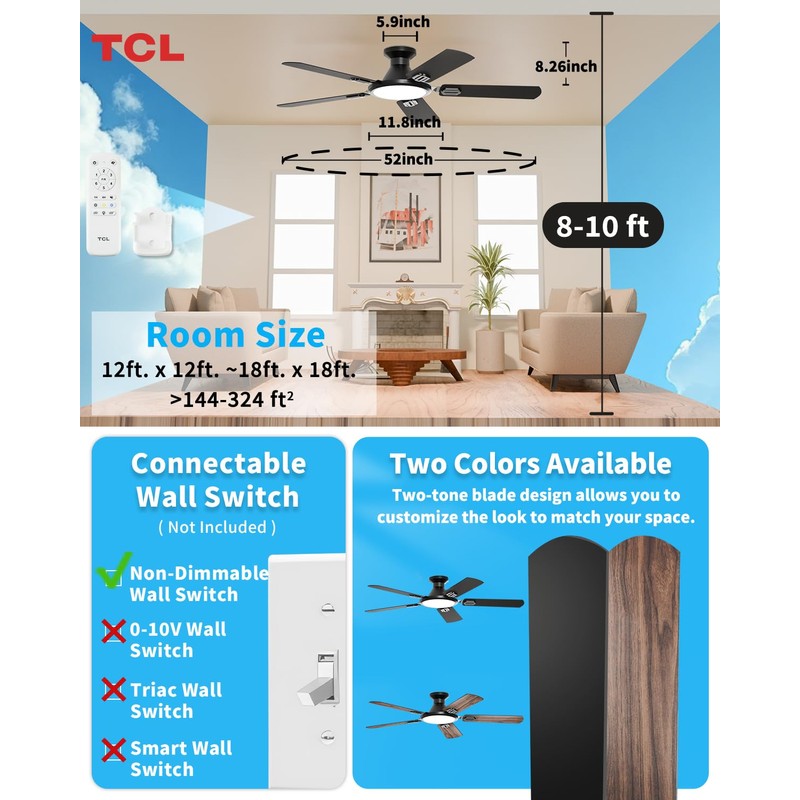 TCL 52" Low Profile Ceiling Fan with Light, Slim, Black,