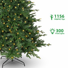 6 ft Prelit Artificial Aspen Fir Christmas Tree, 1156 PE&PVC Branch Tips, 300 Warm White LED Lights, Metal Stand and Hinged Branches