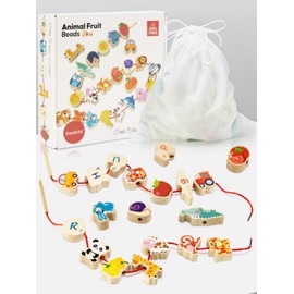 DealKits Motor Skills Toy 2 Years - 42 Pieces Wooden Beads Threading Game Educational Wooden Toy - Wooden Beads for Threading - Animals, Vegetables, Vehicles - Montessori Toy for Children from 2 Years