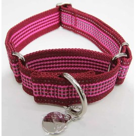 Dazzber 1.5" Martingale Dog Collar, Escape-Proof & Anti-Slip, Extra Strong Reflective Nylon, Adjustable Two-Color Stripe for Medium to Large Dogs （M-Burgundy & Hot Pink）