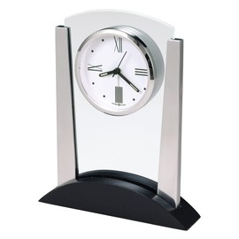 Howard Miller Denham Tabletop Clock – Contemporary Alarm Clock with Arched Glass Panel Silent Sweep Quartz Movement Roman Numeral Dial Satin Finish Best for Office and Home Decor