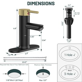 Greenspring Bathroom Sink Faucet, Black and Gold Bathroom Faucets Single Handle Bathroom Vanity Faucet for 1 Hole or 3 Holes with Pop Up Drain, Brass