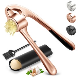 Kitchen Garlic Press Stainless Steel, Premium Rust Proof & Dishwasher Safe Garlic Mincer, Durable Garlic Crusher Set with Peeler＆Brush, Easy to Clean and Squeeze, Copper