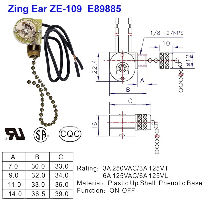 Ceiling Fan Light Switch Zing Ear ZE-109 Two-Wire with Pull