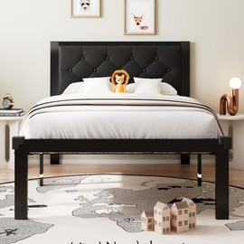 Einhomn Twin Metal Bed Frame, Twin Platform Bed Frame with Button Tufted Faux Leather Headboard, Sturdy Steel Slats, No Box Spring Needed,12" Underbed Storage, Noise Free, Black