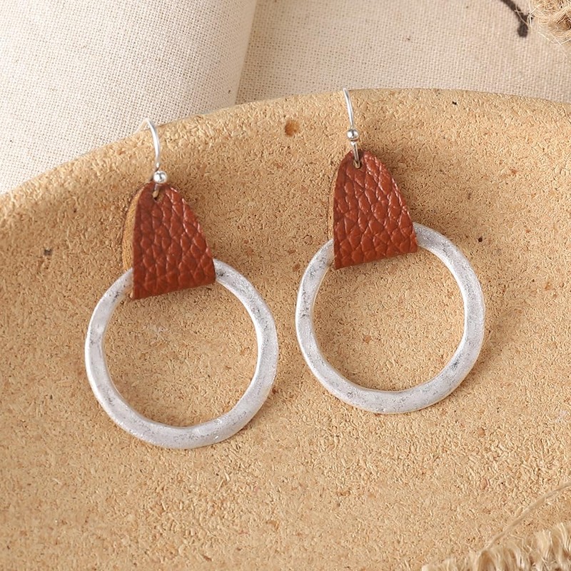 Women Pu Leather Geometric Irregular Round Earring Square Dangle Drop
