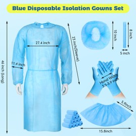 Xuhal 30 Set Blue Disposable Isolation Gowns Set PPE Gowns Disposable Bouffant Caps with Elastic Cuffs Disposable Gloves and Shoe Covers for Labs Home Isolation Beauty Agencies Food Service