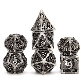 Hollow Metal DND Game Dice Dragon Shape Carved Antique Nickel 7Pcs Set for Dungeons and Dragons RPG MTG Table Games D&D Pathfinder Shadowrun and Math Teaching (with Metal Case)